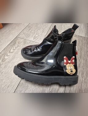 Zara X Disney Minnie & Mickey Mouse Black Patent Boots With Lugged Platform Sole